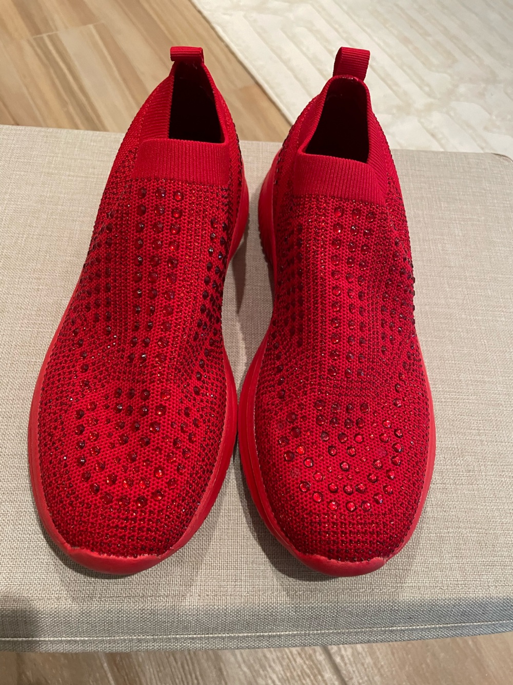 Belos Red Slip-On Knit Sneakers with Studded Detail Memory Foam